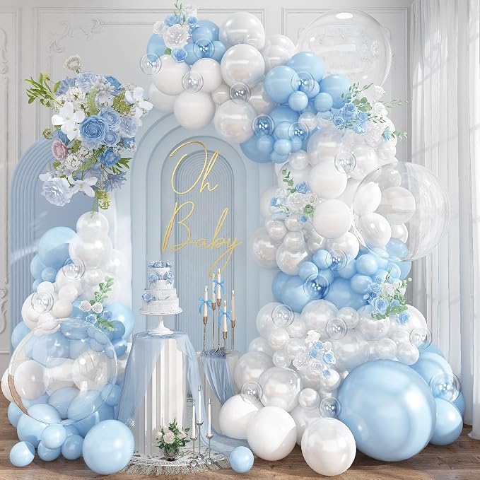 Pastel Blue White Balloons Garland Arch Kit, Light Baby Blue Clear Balloon by Togvu