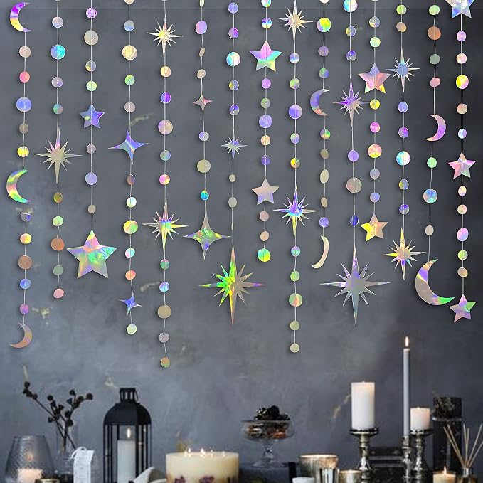 Iridescent Party Decorations Holographic Star Moon Circle Dot Garland Hanging by pinkblume