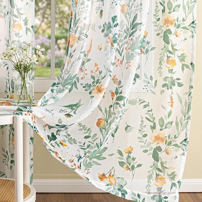MYSKY HOME Green Sheer Floral Curtains 108 Inch Length by MYSKYHOME