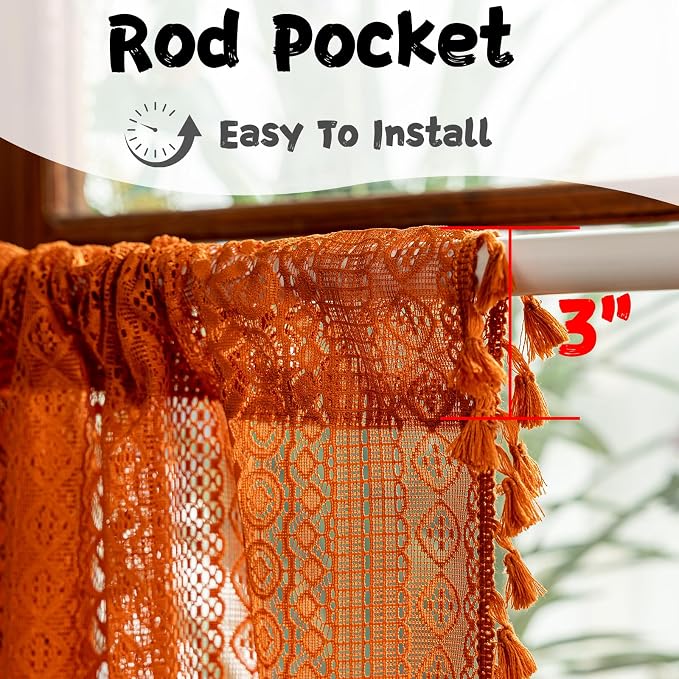 Sutuo Home Terracotta Boho Lace Vintage Curtains 45 Inches 2 Panels - Image 4