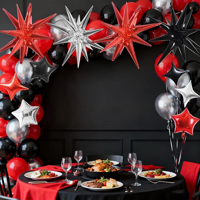 TONIFUL 22Inch 15Pcs Black Red Silver Explosion Star Mylar Balloons and 10Inch - Image 4