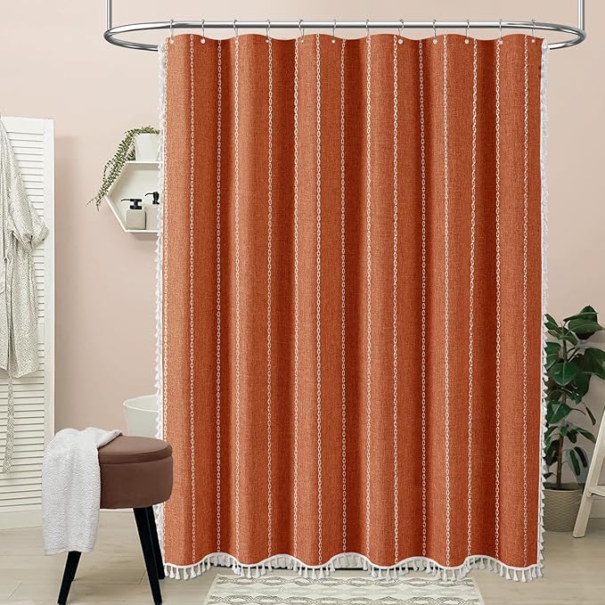 Burnt Orange Boho Farmhouse Linen Heavy Duty Shower Curtain Set, 72x72 | 330GSM - Image 2