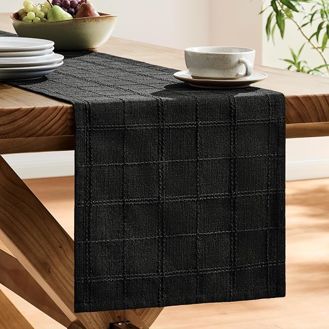Linen Checked Farmhouse Table Runner, 13x36 Inches Black | Raised Grid Design - Image 4