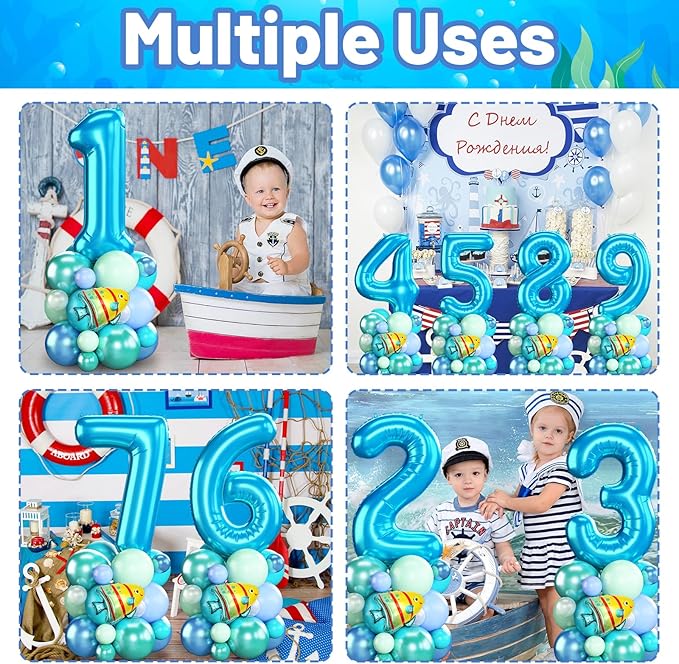Blue Number 1 Balloon 40 Inch Ocean Under the Sea Number One Foil Balloons Tower - Image 5