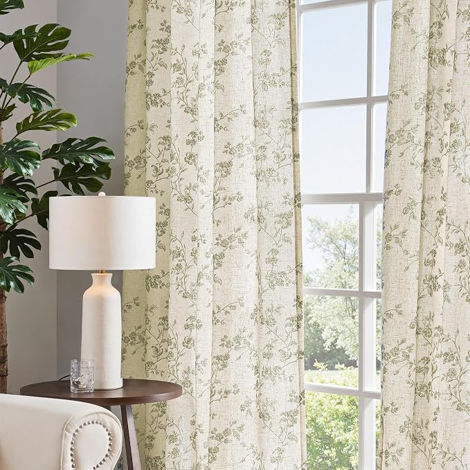 jinchan Green Floral Linen Curtains 90 Inch Flower Drapes Back Tab 2 Panels | - Image 7