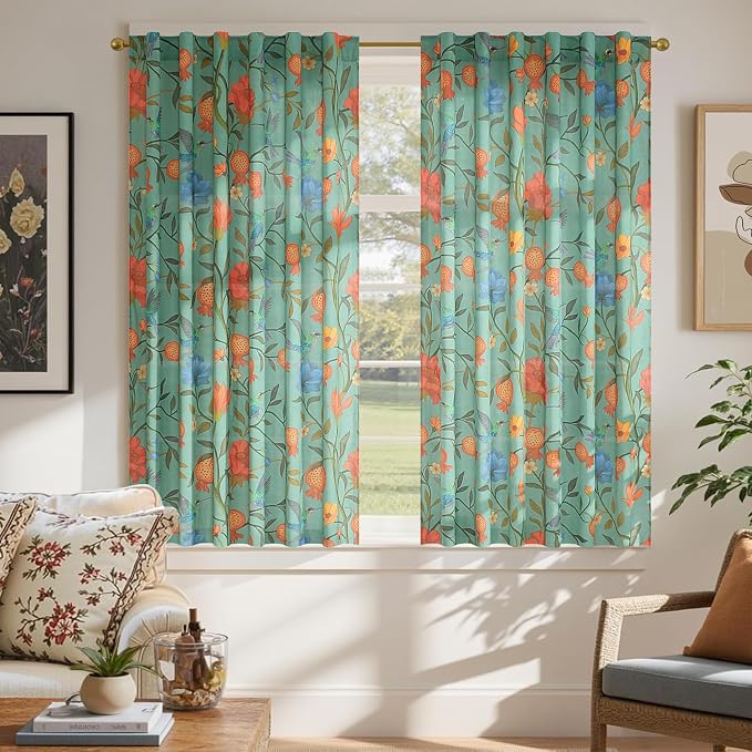 54 Inch Boho Floral Curtains Tropical Bird Print Linen Semi Sheer Window Drapes by JOOJA