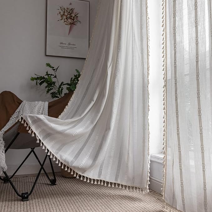 Boho Curtains for Bedroom Embroidery Striped Farmhouse 84 Inches Long 2 Pannels by BCLBUSTE
