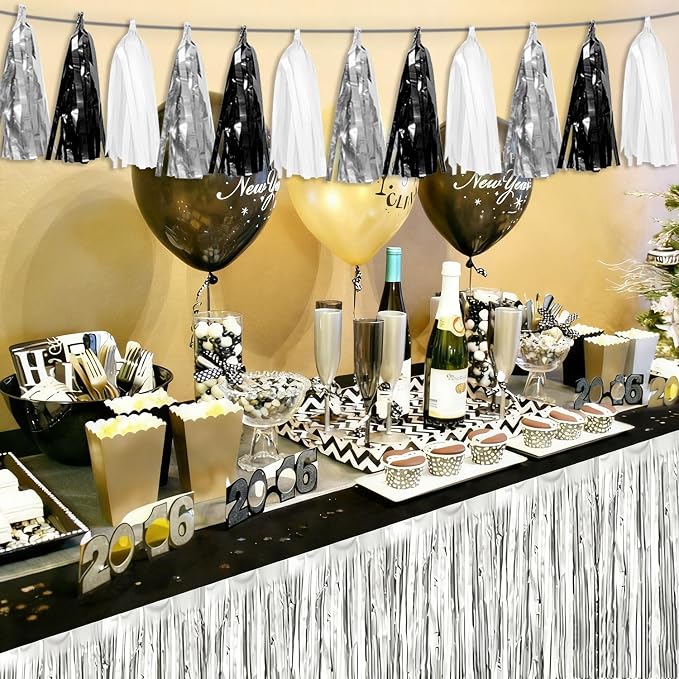 3P Black Silver white Tassel Banner Garland Metallic Foil Fringe Banner Tinsel - Image 5