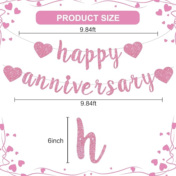 BEISHIDA Glitter Pre-Strung Pink Happy Anniversary Banner Decoration | NO DIY - Image 3