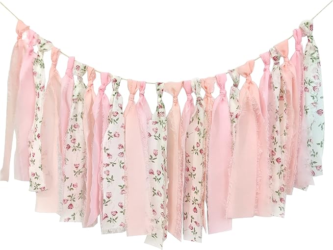 Pink Floral Tsaasel Garland for Wedding Spring Tea Party Haning Chiffon Tassel by Mybbshower
