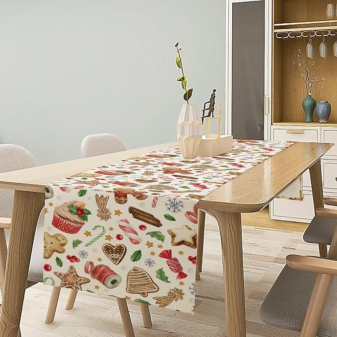 Christmas Table Runner, Christmas Gingerbread New Year Xmas Table Cloth Kitchen Dining Table Decoration for Home Party Decor 13x36 Inch