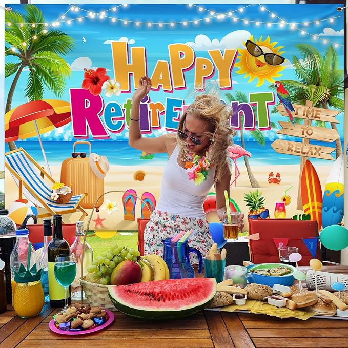 Retirement Party Decorations Summer Hawaiian Beach Happy Retirement Banner - Image 7