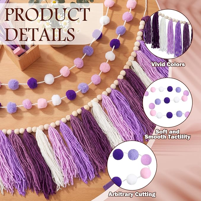 Hahafelt 3 Pcs Lavender Purple Tassel Garland, Pom Pom Tassel Garland, Boho - Image 3