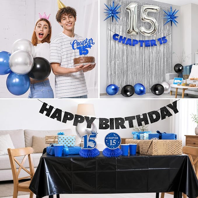 15th Birthday Decorations for Boys and Girls, Fringe Curtains, Tablecloth and - Image 6