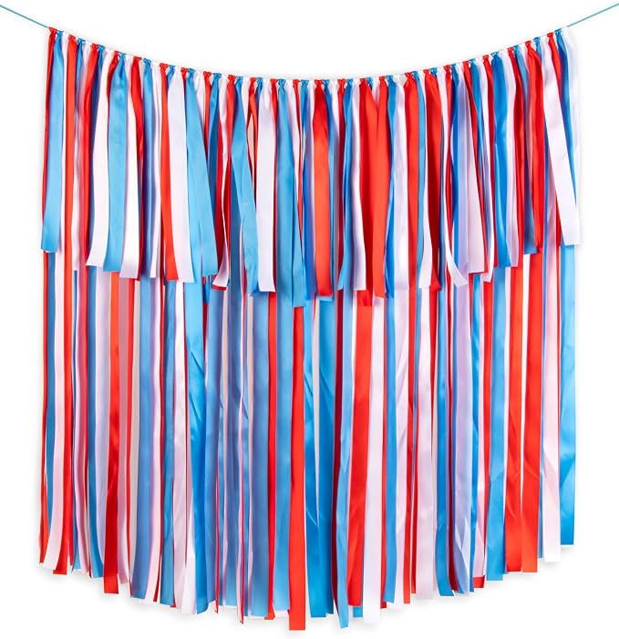 Handmade Red White Blue Ribbon Garland Banner, Pre-Strung Hanging Tassel by Pantipinky