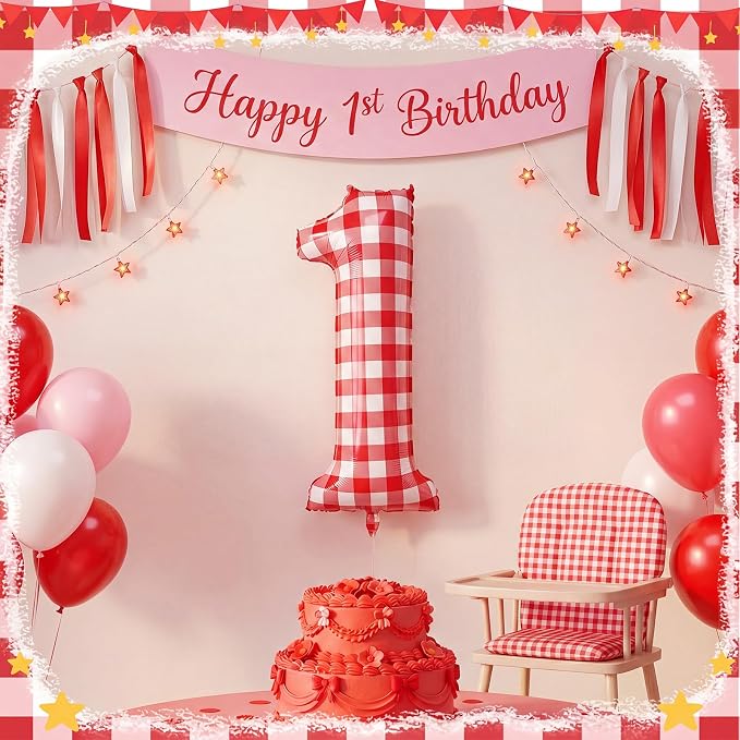 Jenaai 40 Inch Gingham 1st Balloon Large Number 1 Plaid Balloons - Image 5