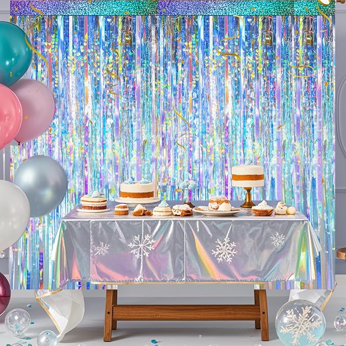 2 Packs Iridescent Foil Fringe Curtain, Neon Transparent Holographic Tinsel - Image 2