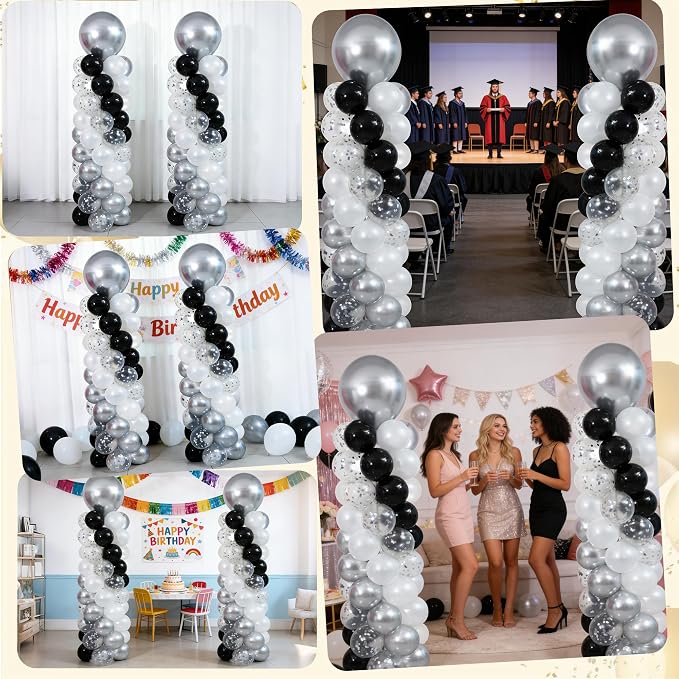 Black White and Silver Balloon Column Kit Set of 2, Balloon Towers | 102Pcs - Image 7