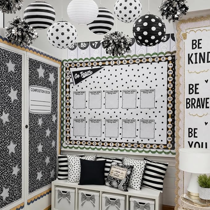 Treela 6 Pack Black and White Paper Lanterns Back to School 8" Round Hanging - Image 6