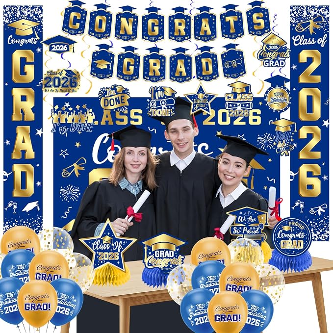 Graduation Decorations 2026 Blue and Gold Set, Congrats Grad Decor Set - Image 5