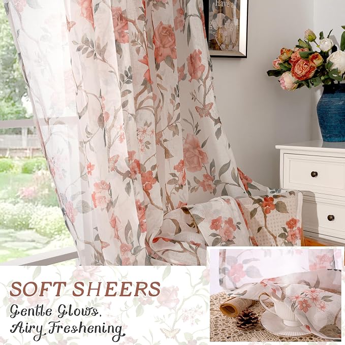 Sheer Curtains 54 Inch Length 2 Panels Set, Floral Patterned Linen Look - Image 6