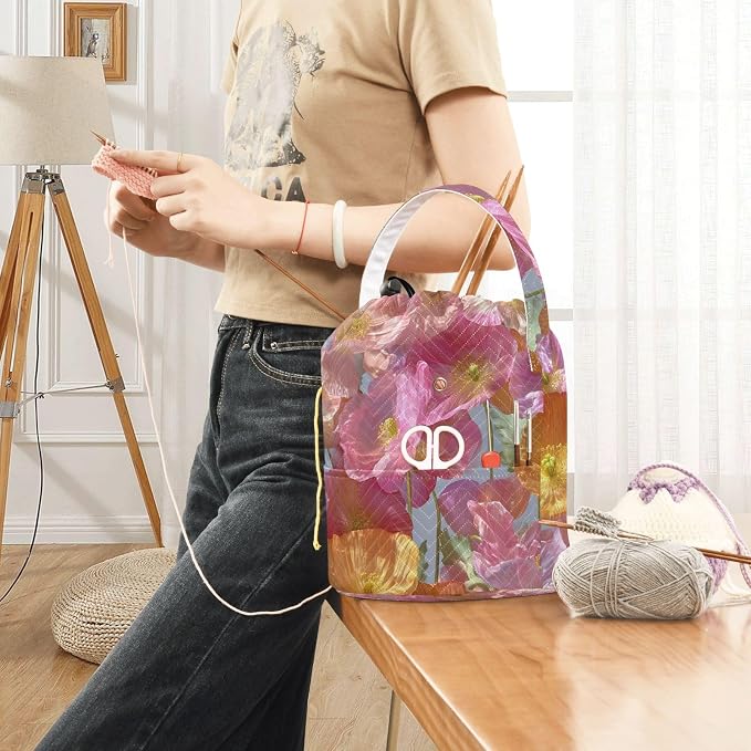 Pink Poppy Yarn Bag Small Crochet Bag Drawstring Yarn Storage Organizer - Image 6