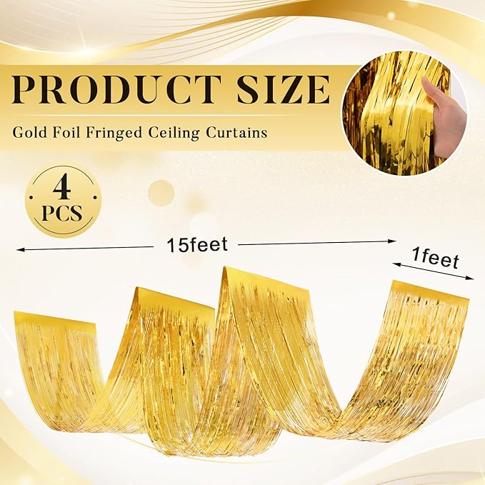 4 Pcs 15ft Gold Metallic Foil Ceiling Fringe Curtains, Party Decor Fringe Drapes - Image 2
