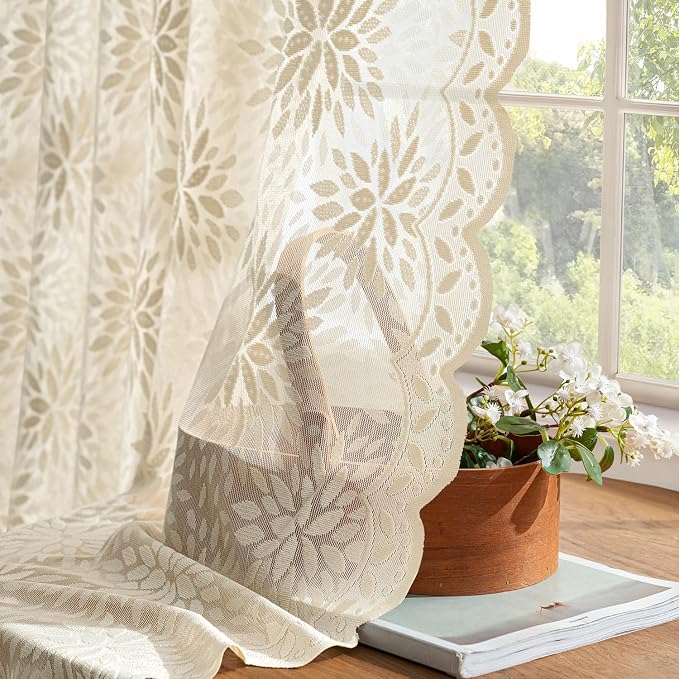 MIULEE Vintage Floral Scalloped Lace Curtains 2 Panels, Cream 52" W x 84" L | - Image 4