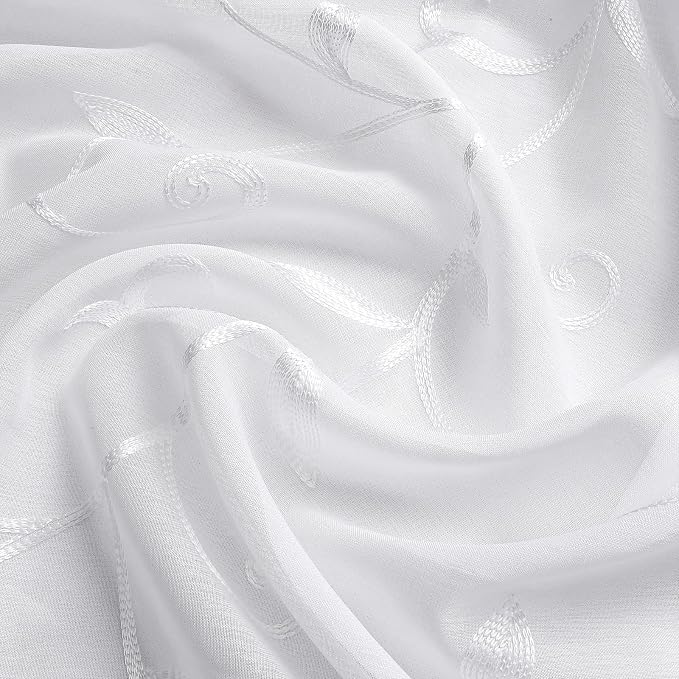 White Sheer Curtains Embroidered Leaves 2 Panels 54Wx54L | Light Filtering - Image 4
