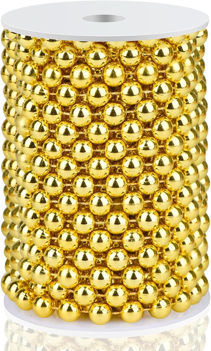 Craft String Pearls 10MM Pearl Bead, 33Feet Gold Faux Pearl Garland Spool Roll Strand Wedding Party Decoration, Christmas Tree Decorations