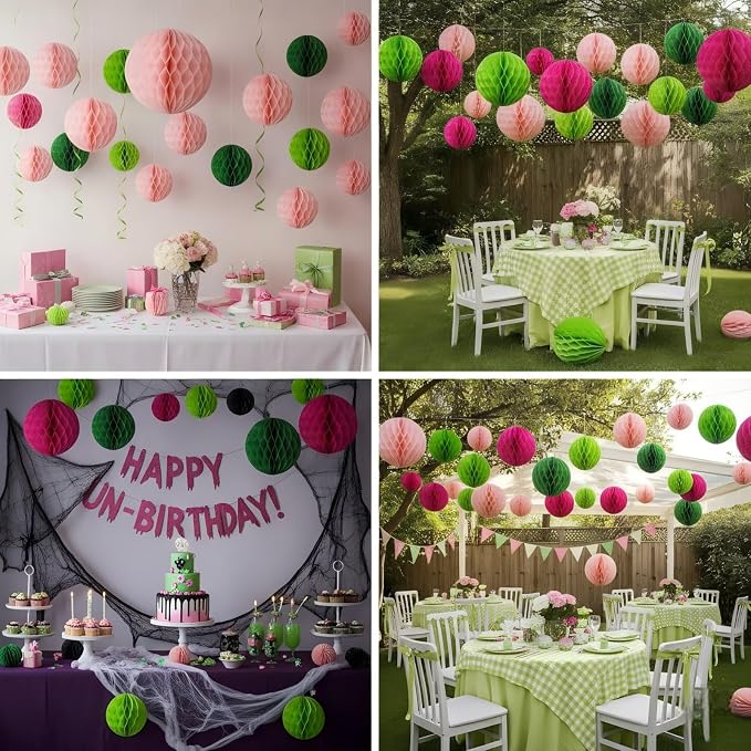 Hot Pink and Green Paper Honeycomb Balls, 12 Pack Hanging Tissue Pom poms - Image 3