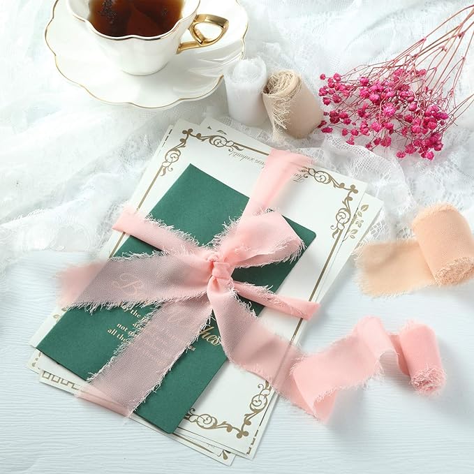 6 Rolls Handmade Fringe Chiffon Silk Ribbon 1.5" x 3 Yd Colorful Ribbon for Wedding Invitations, Bridal Bouquets, Gifts Wrapping, DIY Crafts(Nude Pink Set)