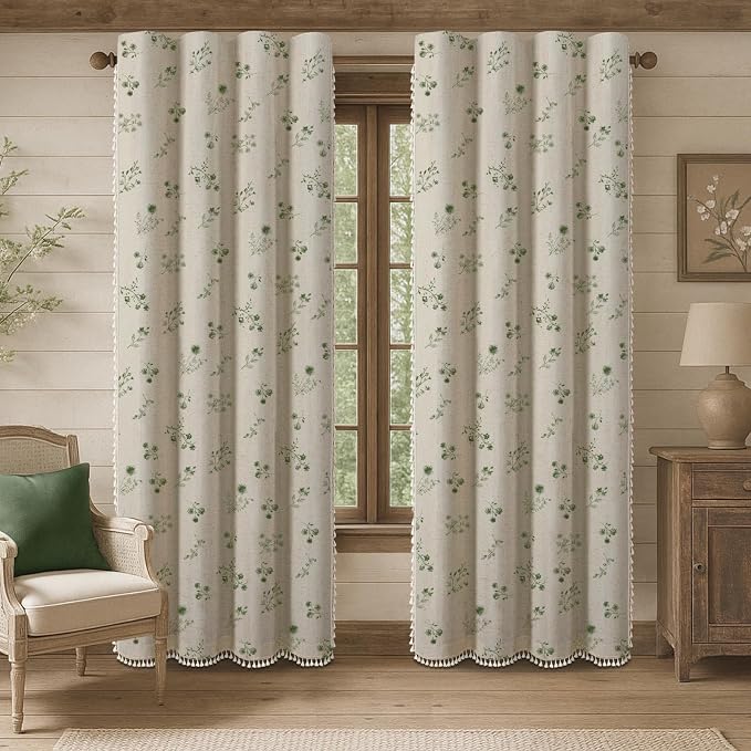 Boho Floral 100% Blackout Curtains 84 Inch 2 Panels Dark Green | Farmhouse - Image 2