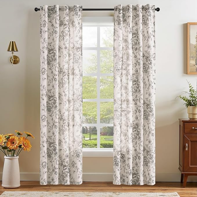 jinchan Black Floral Linen Curtains 84 Inch Farmhouse Back Tab 2 Panels | Light by JINCHAN