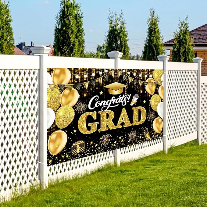 Black Gold Graduation Banner Backdrop 2026 5.9x3.6ft Congrats Grad Banner - Image 6
