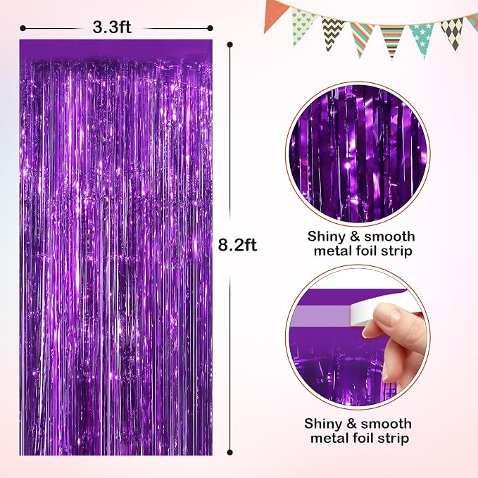 Purple Metallic Tinsel Foil Fringe Curtains, 4 Pack 3.3x8.3 Feet Party Streamer - Image 2