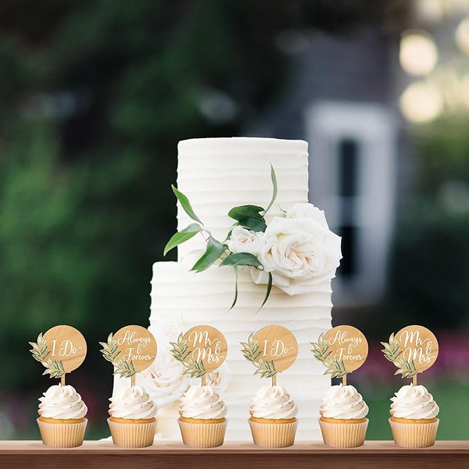 12 PCS Wedding Cupcake Toppers Green Mr & Mrs Wedding Cake Cupcake Decorations in Wood