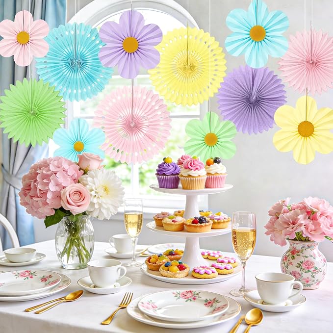 ADLKGG 12 Pcs Pastel Paper Fans, Macaron Flower Wall Backdrop | Hanging Rosette - Image 4