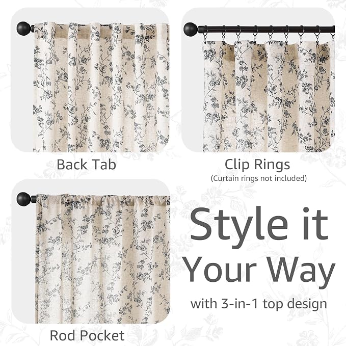 jinchan Black Floral Linen Curtains 84 Inch Rustic Drapes Back Tab 2 Panels | - Image 6