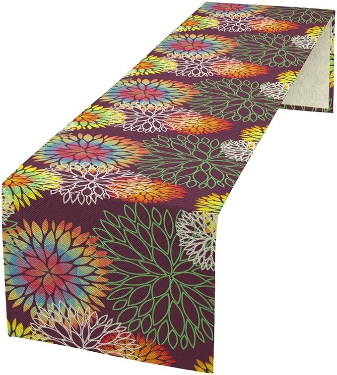 Brown Dahlia Flower Table Runner, Linen Geometric Pattern Floral Table Decor Spring Farmhouse Decorations for Kitchen Dining Holiday Party Decor, 13x70 Inch