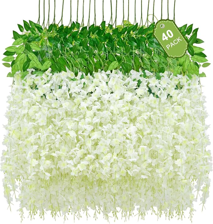 40 Pack White Wisteria Hanging Flowers, Fake Flowers by Waipfaru