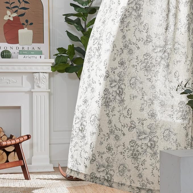 jinchan Grey Floral Linen Curtains 96 Inch Farmhouse Back Tab 2 Panels | Light - Image 6