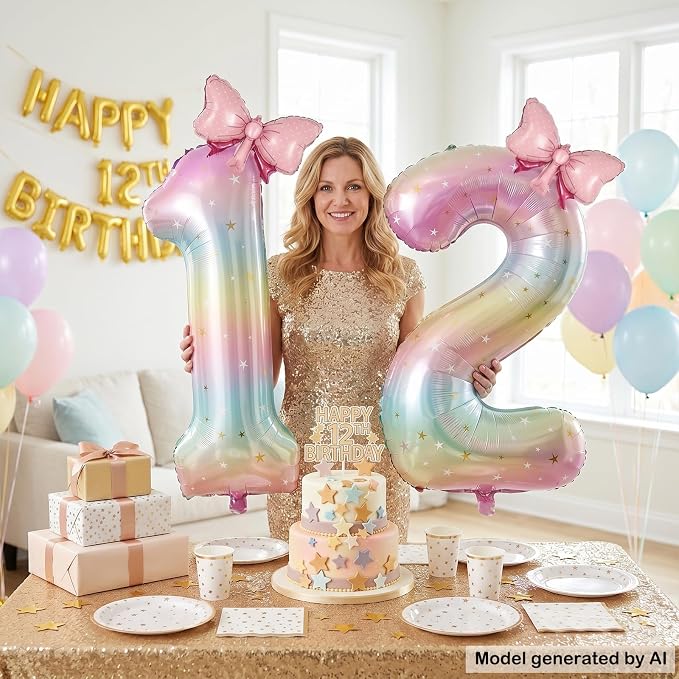 40" Giant Pastel Rainbow Number 12 Balloon Foil Pink Bow Decor Kit | - Image 4