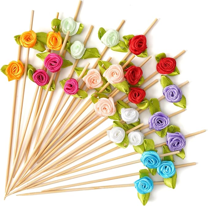 Minisland Green Rose Flower Cocktail Picks, 4.7 Inch Long Bamboo Fancy - Image 9