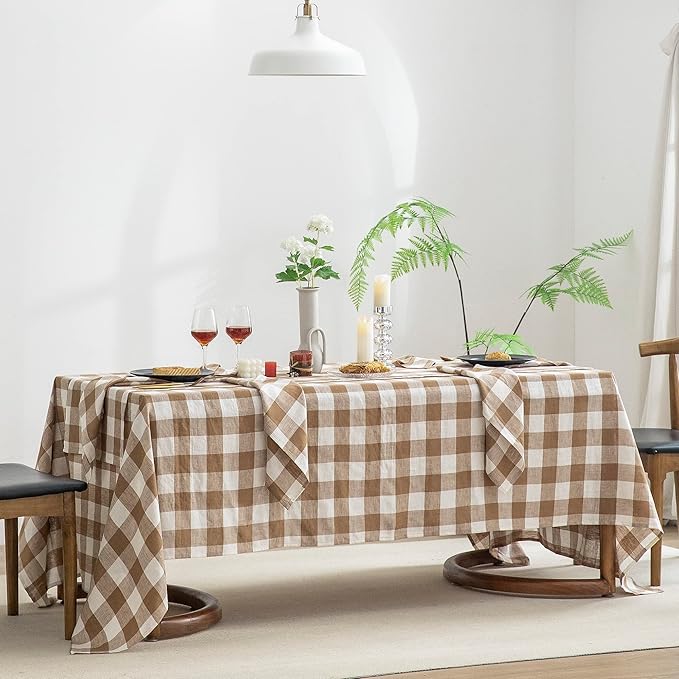 EVERLY 100% Yarn-Dyed Linen Rectangle Tablecloths 60x108Inches for Dining,Buffet Parties,Picnic,Events and Restaurants,Decorative Halloween,Thanksgiving Machine Washable Tablecloths-Brown Plaid