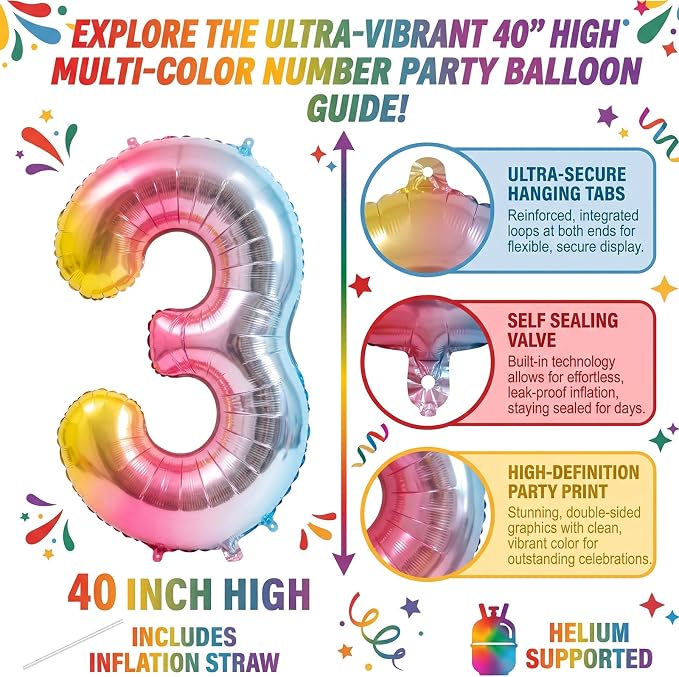 40" Rainbow Foil Number 3 Balloon - Image 2
