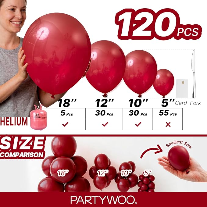 PartyWoo Burgundy Balloons 120pcs Dark Red Maroon Ruby Red Color | 18 12 10 5 - Image 6