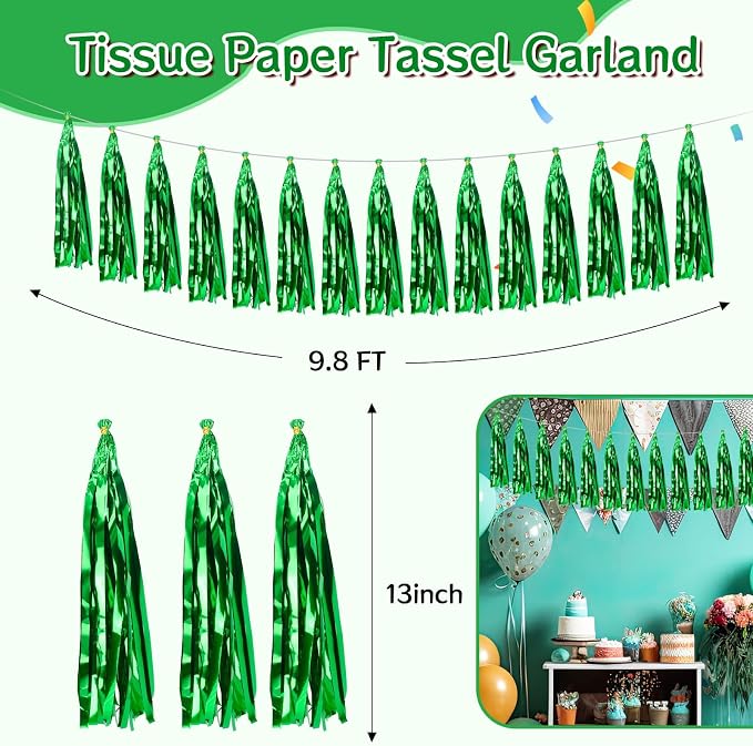 2 Pack Green Metallic Tassel Garland, Foil Fringe Banner Streamers - Image 2
