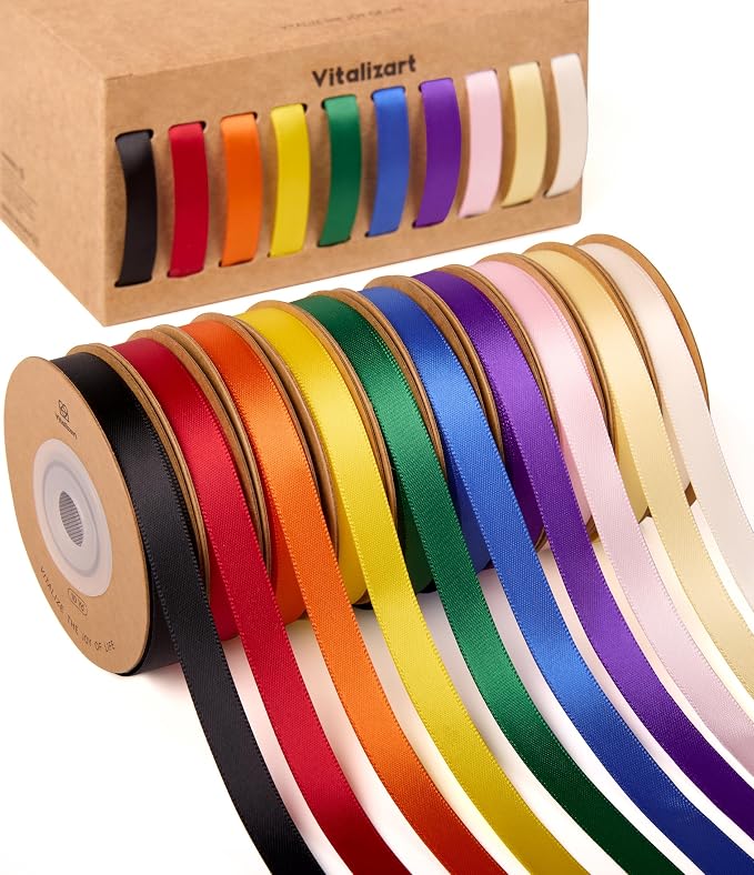 Vitalizart Rainbow Ribbons for Crafts 3/8" x 100Yds Double-Faced Satin Thin | by Vitalizart