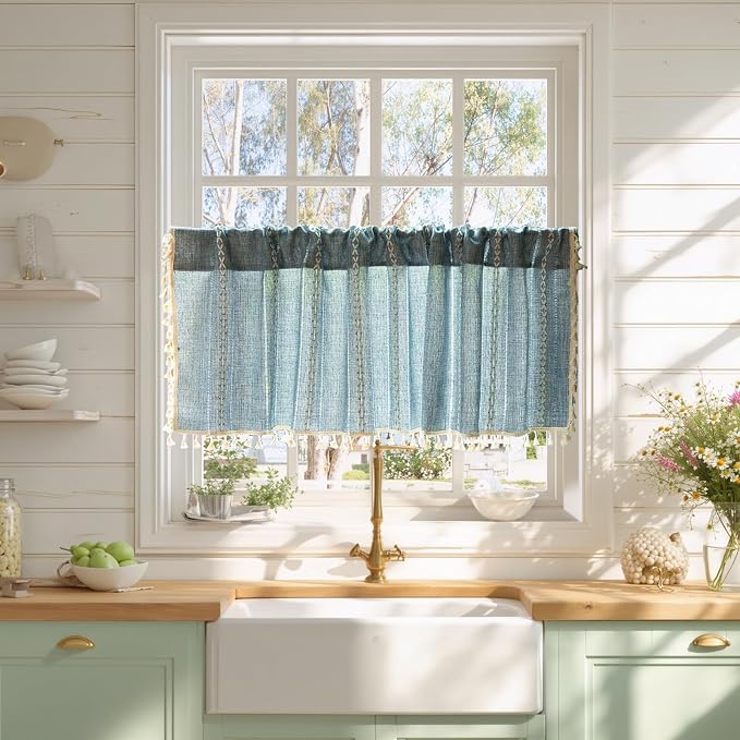 Sutuo Home Blue Boho Curtain 52W x 18L inch White Striped Light Filtering Short by SutuoHome